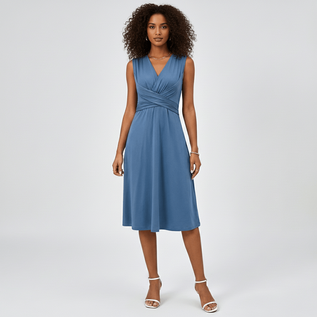 Emily Sleeveless Midi Dress with V-Neck and Twist Waist