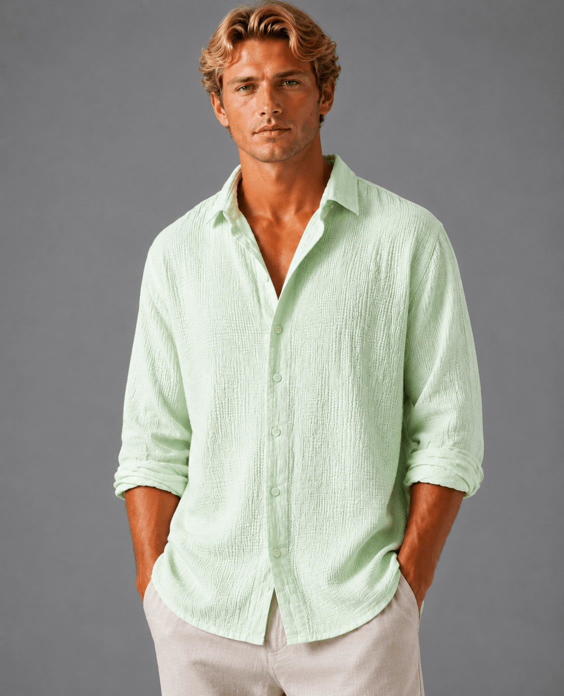 Men's Relaxed Fit Textured Long Sleeve Summer Shirt