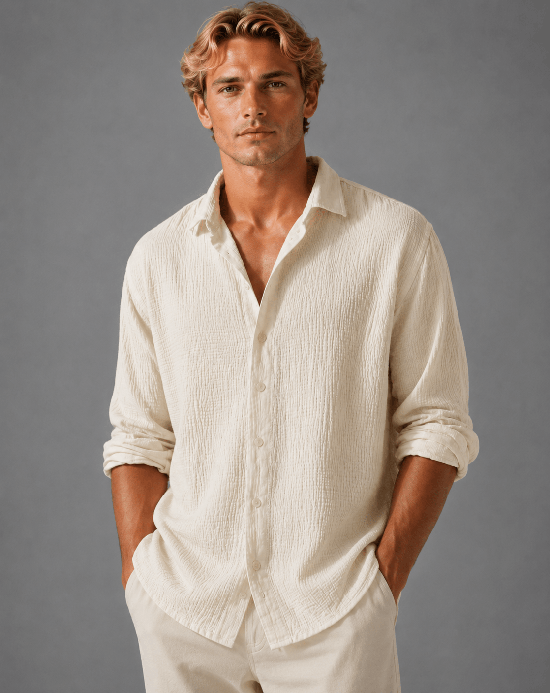 Men's Relaxed Fit Textured Long Sleeve Summer Shirt