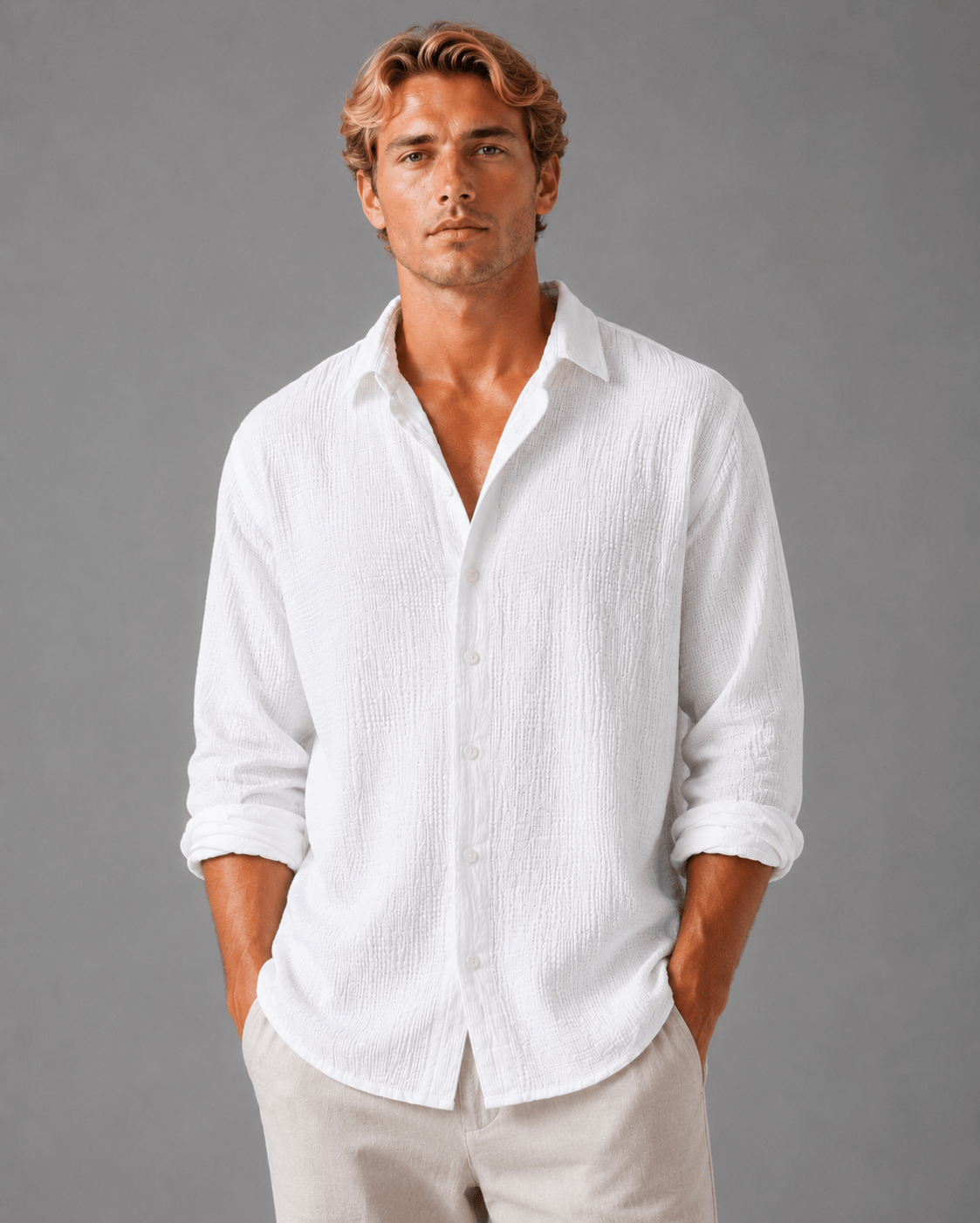 Men's Relaxed Fit Textured Long Sleeve Summer Shirt