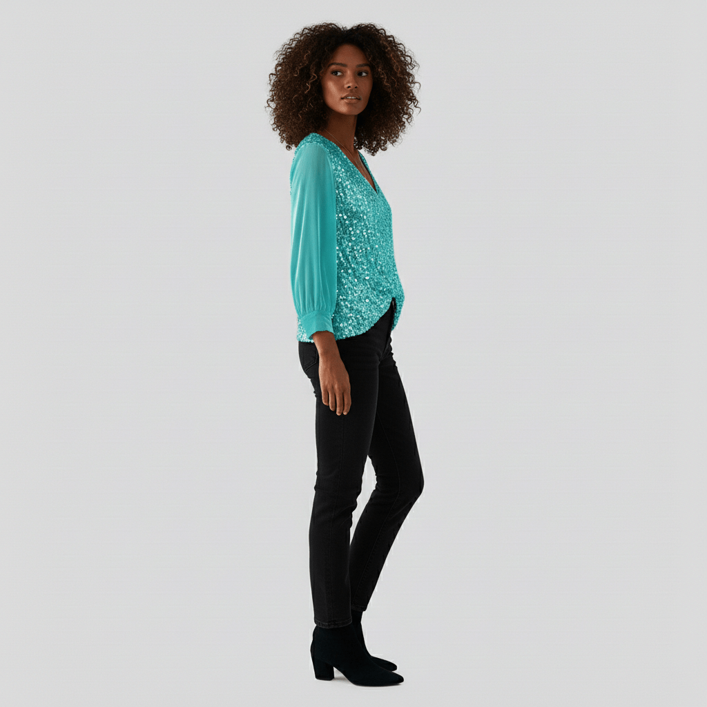 Estelle Glitter V-Neck Long Sleeve Blouse