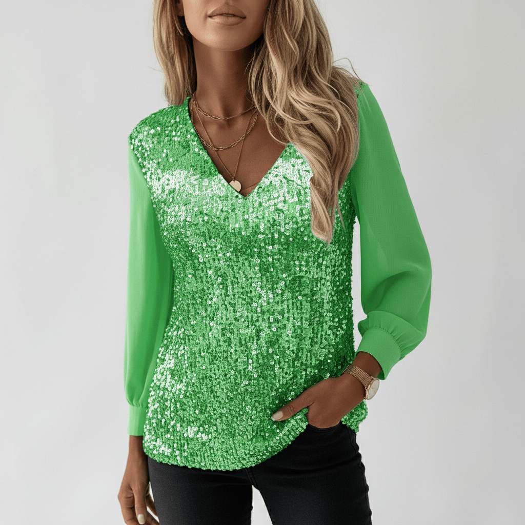 Estelle Glitter V-Neck Long Sleeve Blouse