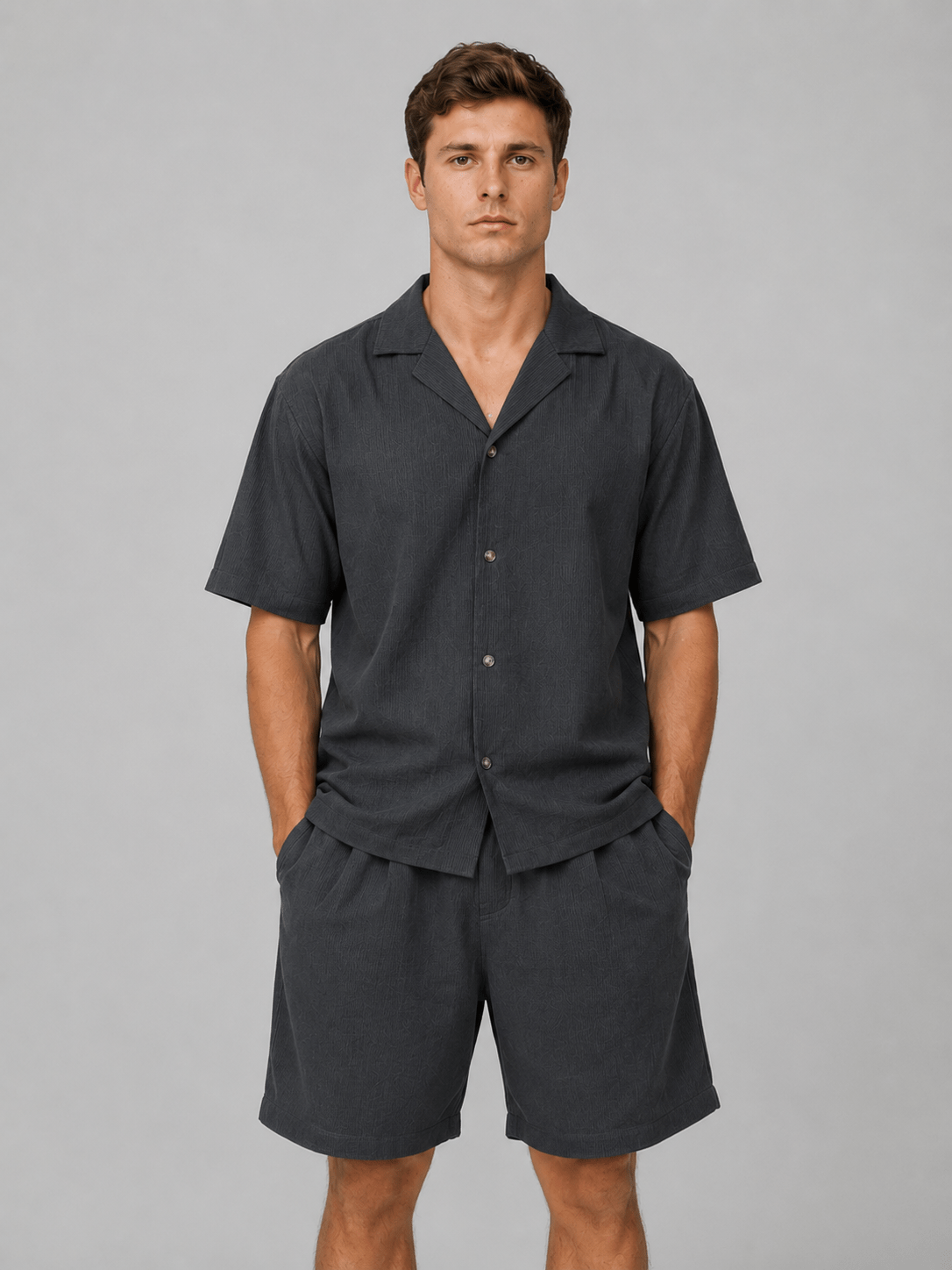 Men's Ribbed Revere Collar Short Sleeve Shirt and Shorts Co-ord