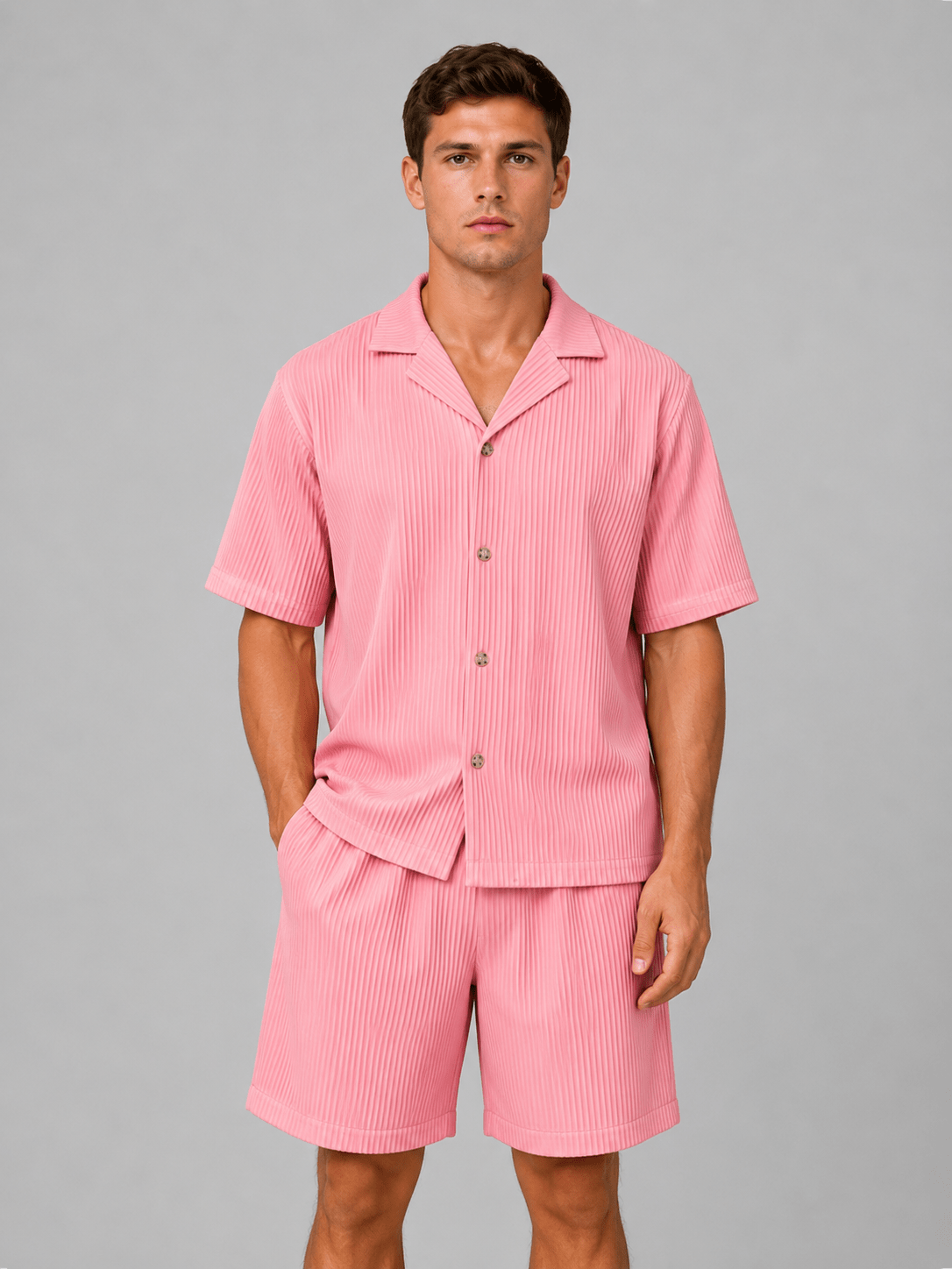 Men's Ribbed Revere Collar Short Sleeve Shirt and Shorts Co-ord