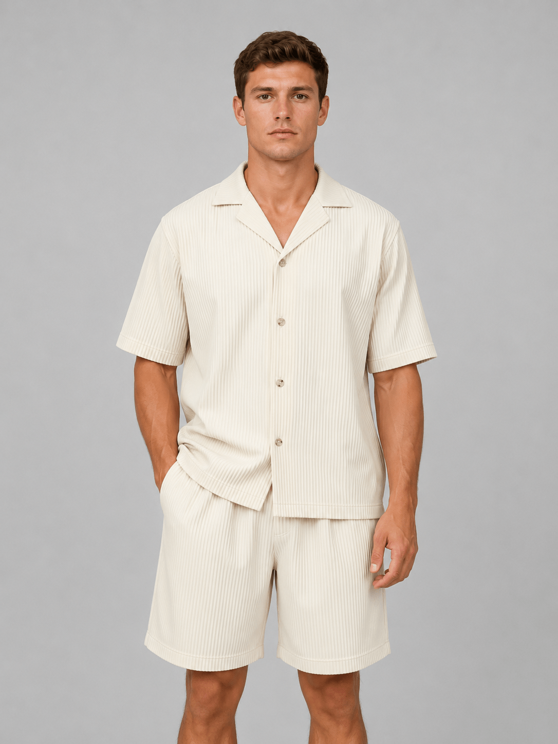 Men's Ribbed Revere Collar Short Sleeve Shirt and Shorts Co-ord