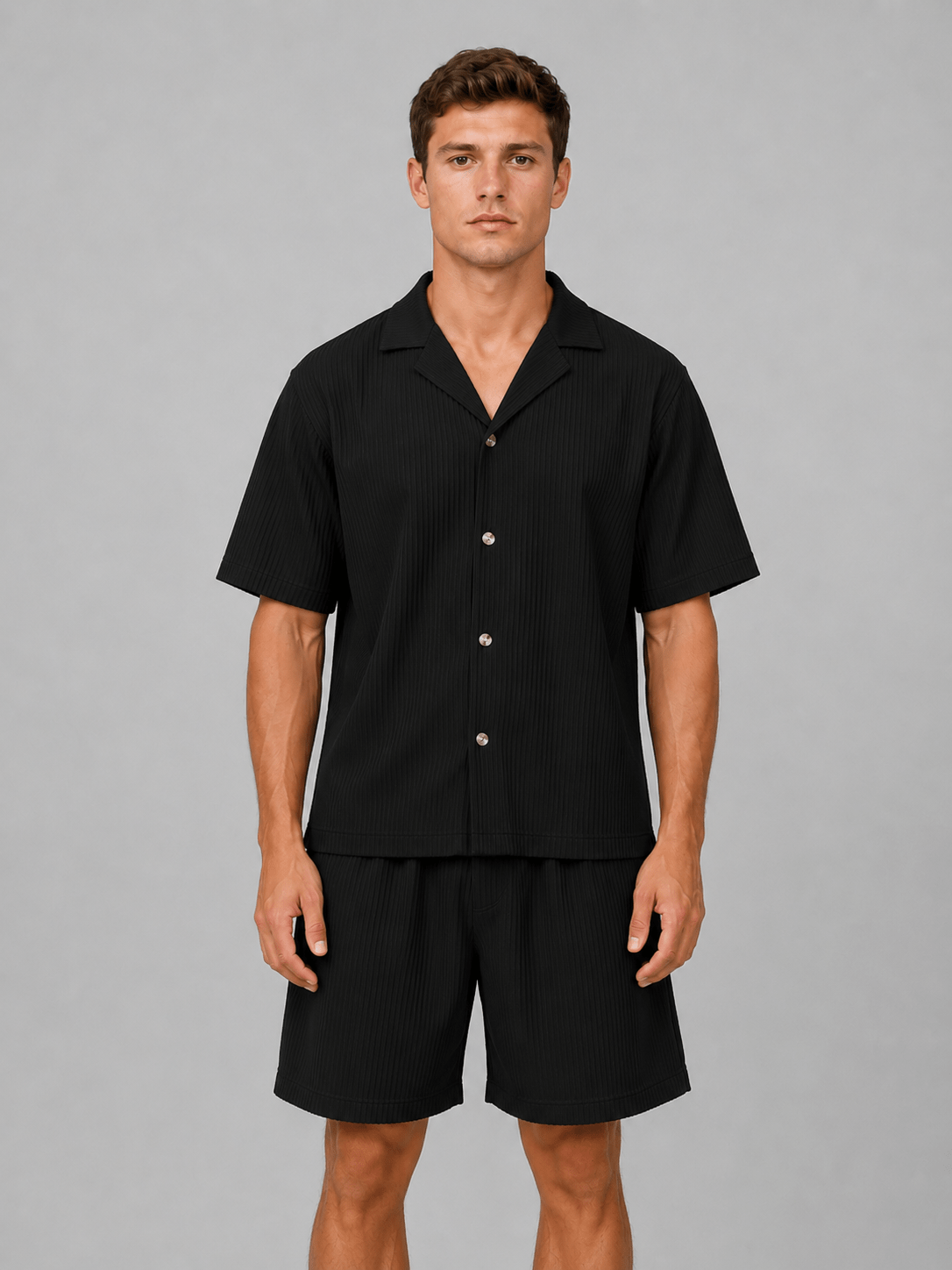 Men's Ribbed Revere Collar Short Sleeve Shirt and Shorts Co-ord
