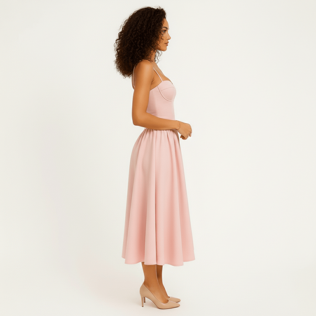 Fleur Corset Bodice Wedding Guest Dress with Spaghetti Straps Midi Length