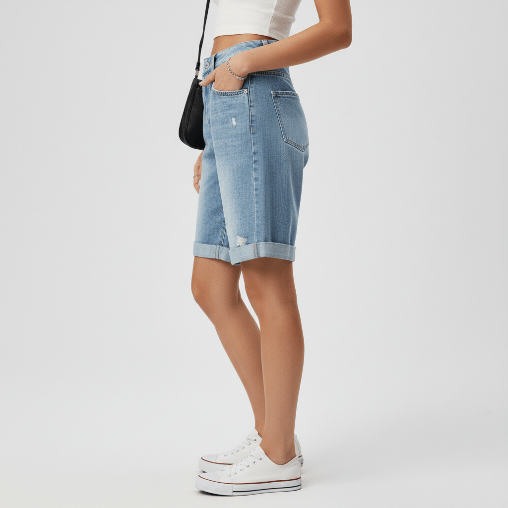Flora Rolled Hem Denim Shorts Relaxed Fit Mid Rise