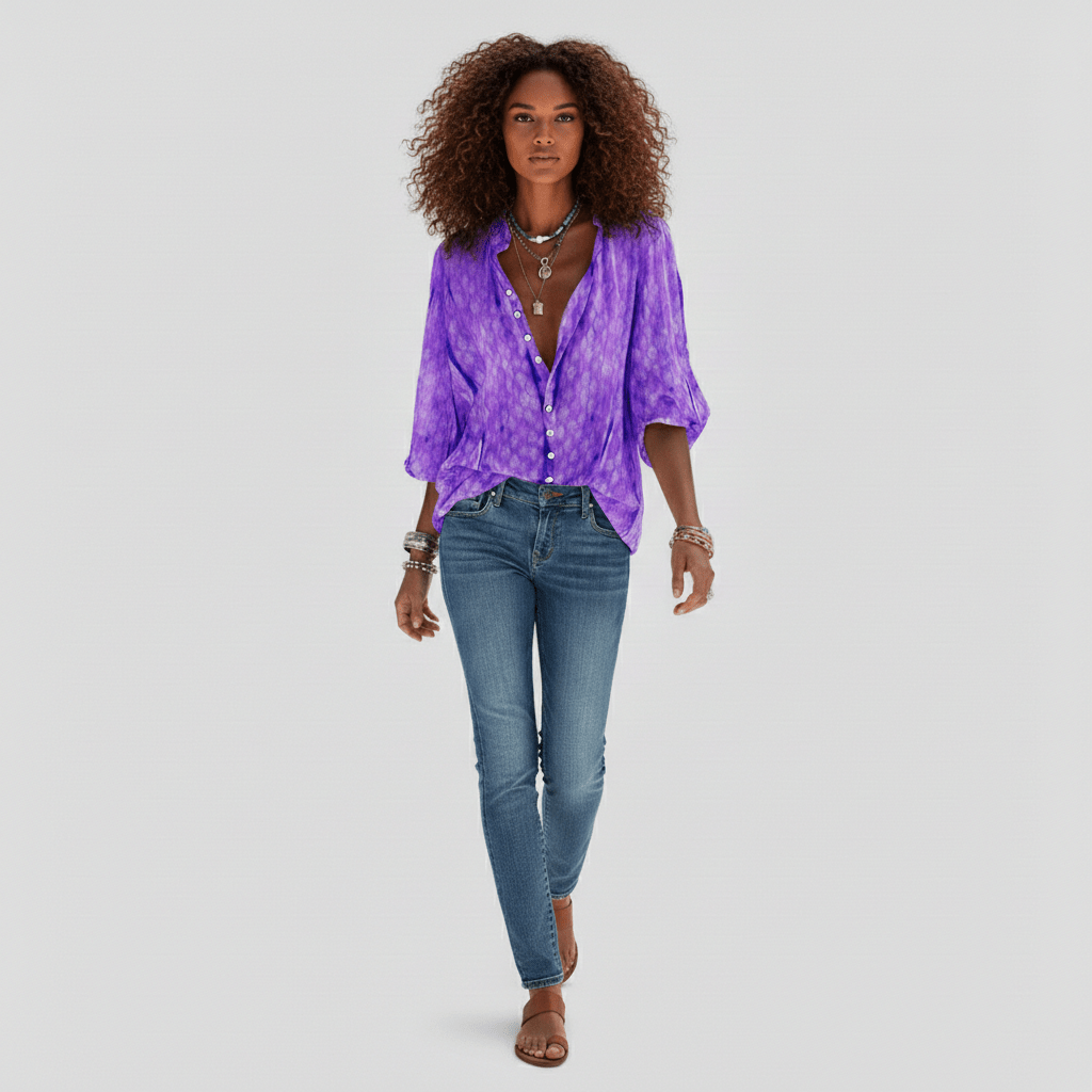 Gabrielle Relaxed Fit Button Blouse with V-Neck