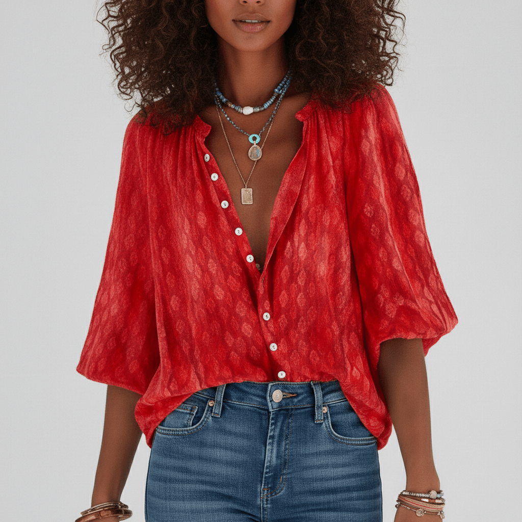 Gabrielle Relaxed Fit Button Blouse with V-Neck