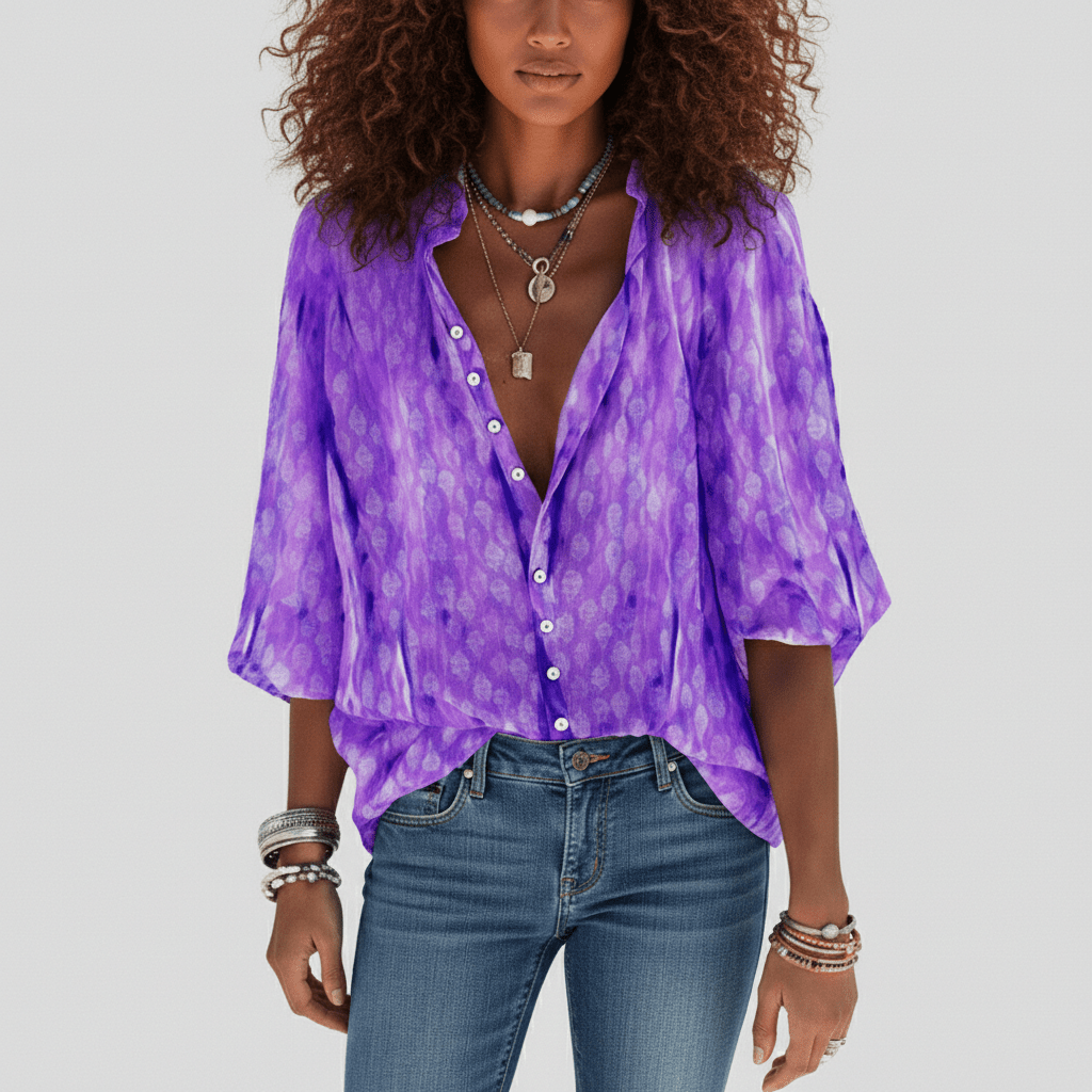 Gabrielle Relaxed Fit Button Blouse with V-Neck