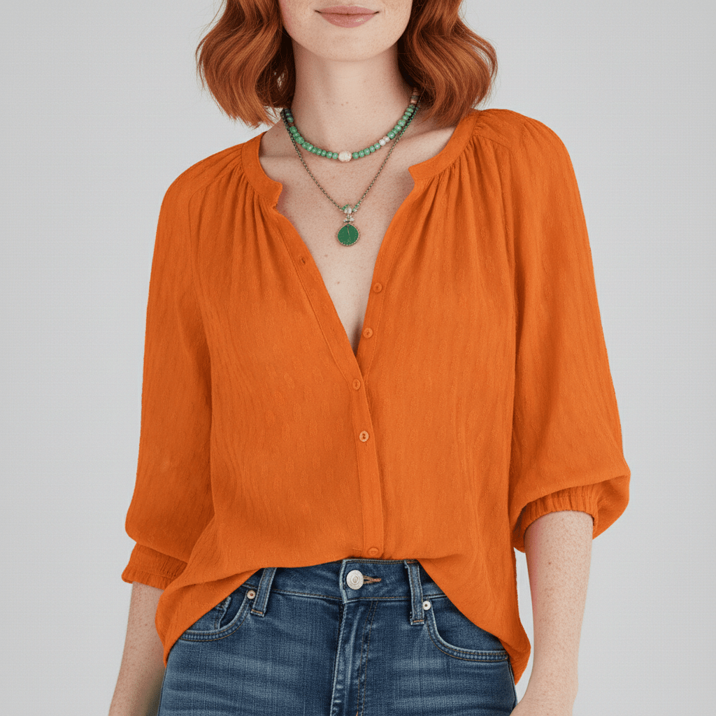 Gabrielle Relaxed Fit Button Blouse with V-Neck