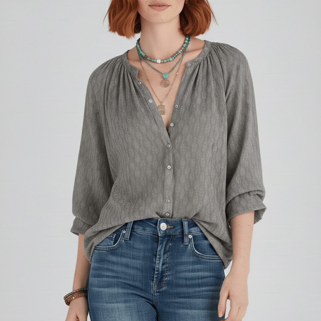 Gabrielle Relaxed Fit Button Blouse with V-Neck