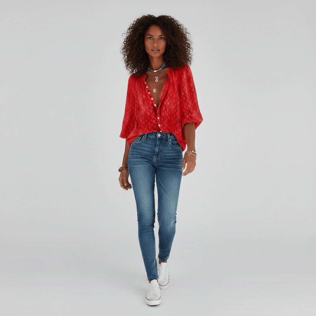 Gabrielle Relaxed Fit Button Blouse with V-Neck