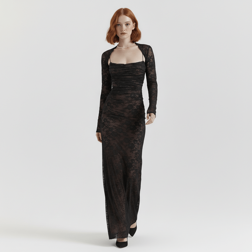 Isabella Long Sleeve Lace Maxi Dress for Women with Square Neck
