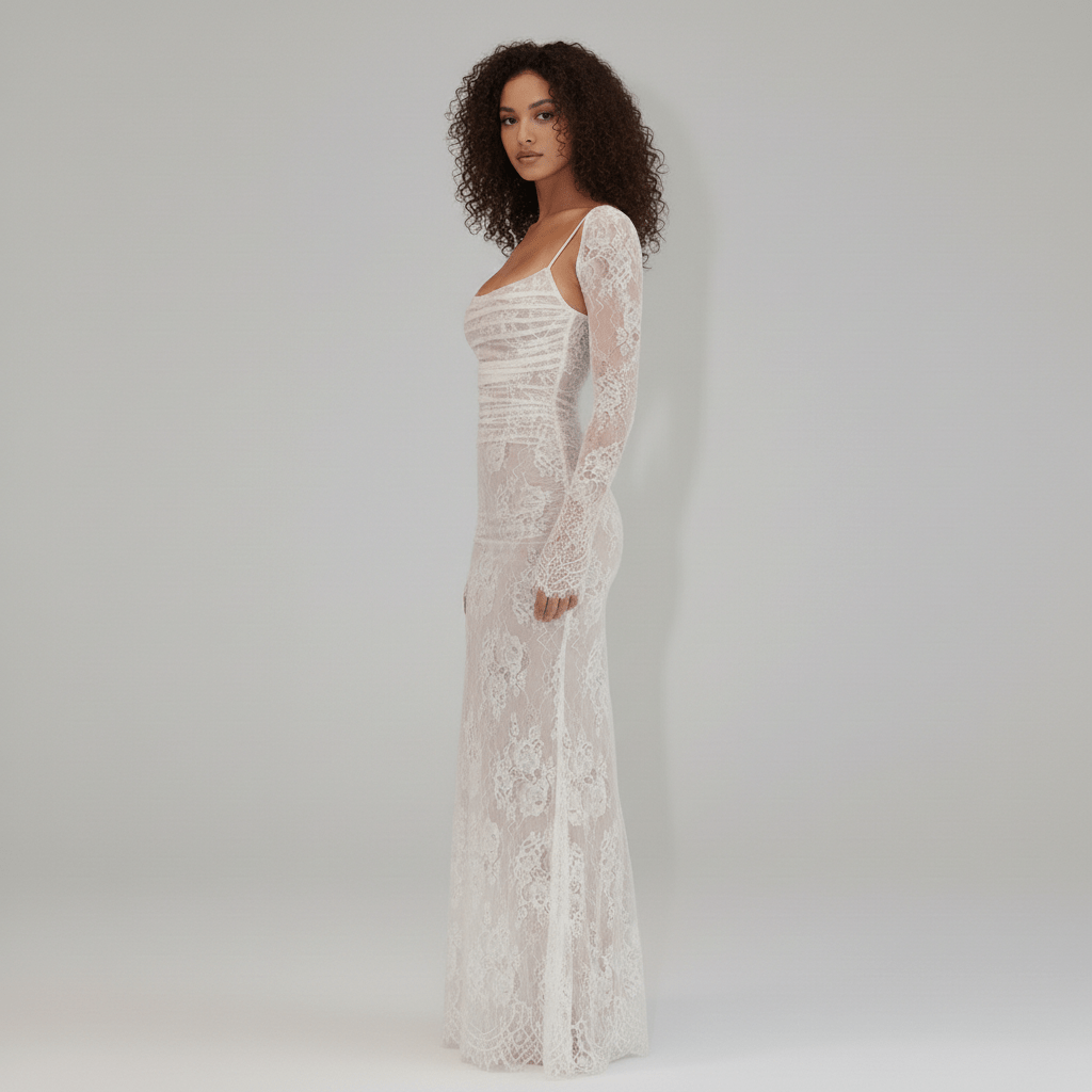 Isabella Long Sleeve Lace Maxi Dress for Women with Square Neck
