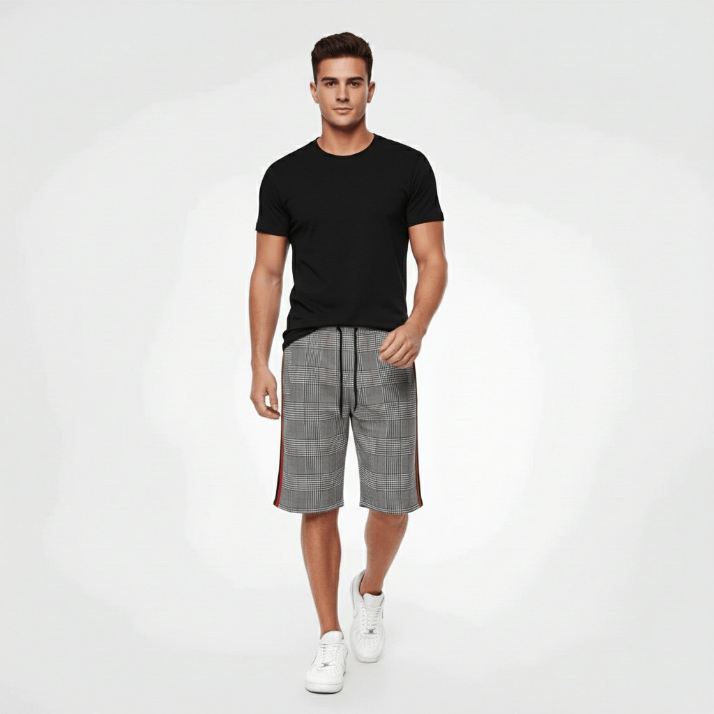 Julius Check Pattern Drawstring Shorts with Side Slip Pockets
