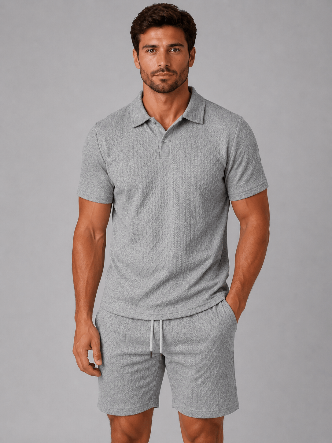 Men's Textured Short Sleeve Polo Shirt and Shorts Co-ord Set