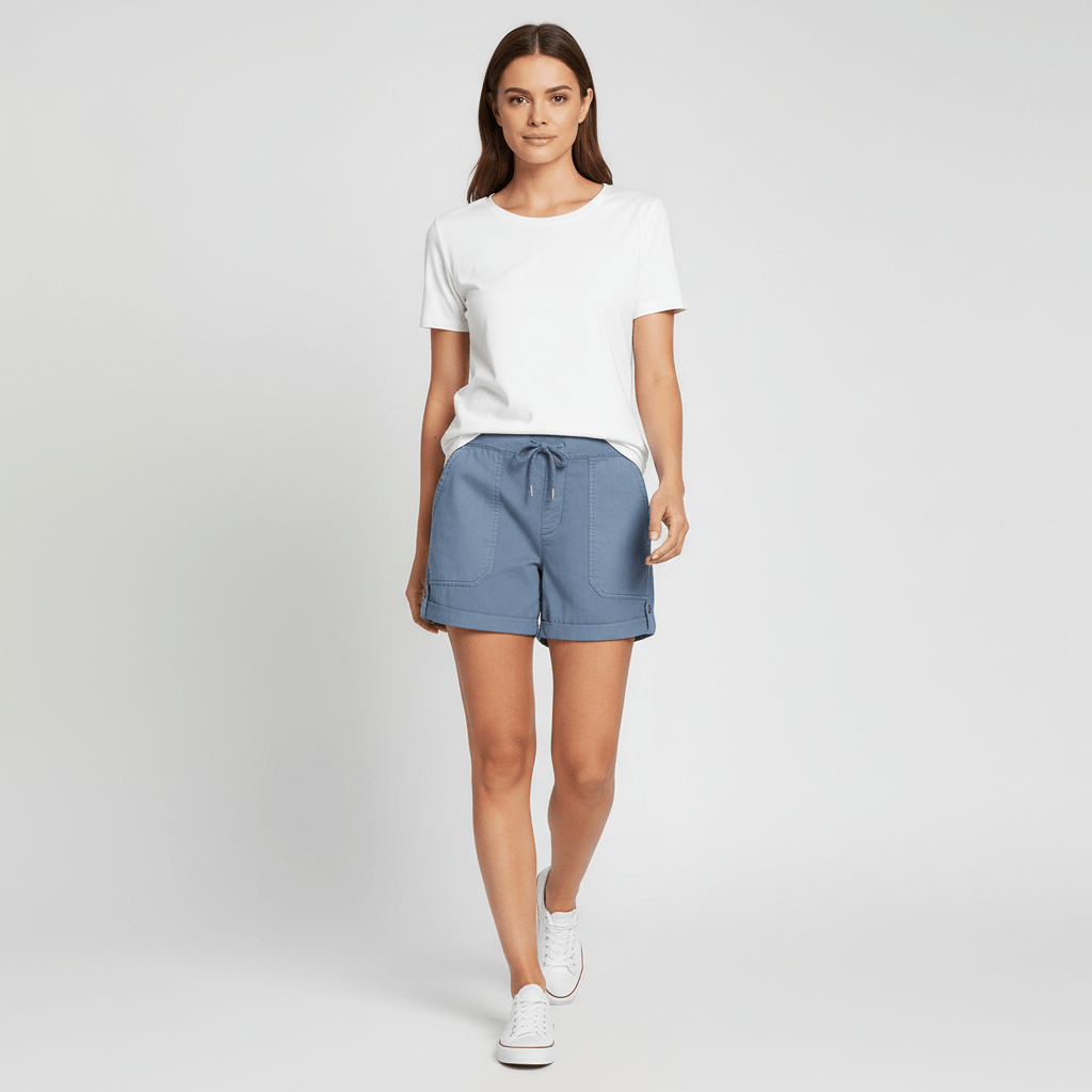Leona Drawstring Waist Shorts Rolled Hem Patch Pockets