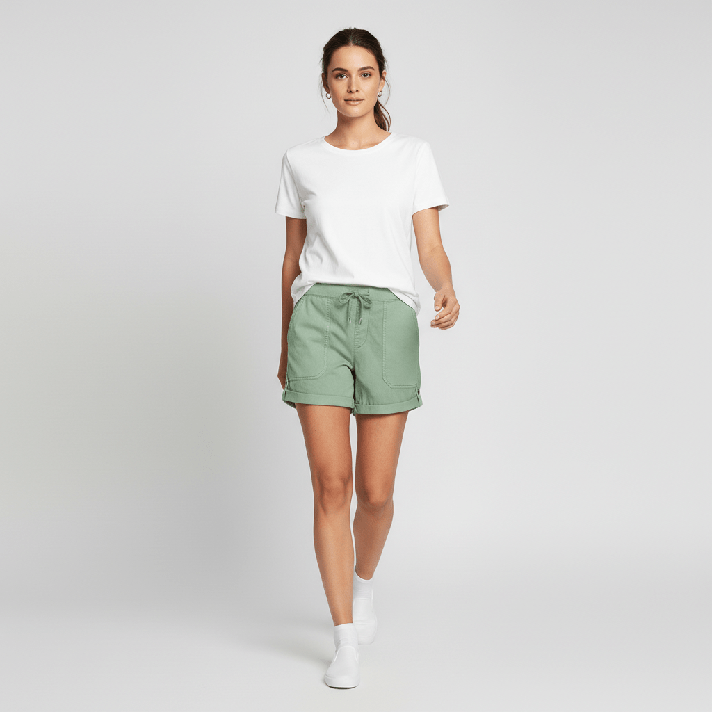 Leona Drawstring Waist Shorts Rolled Hem Patch Pockets