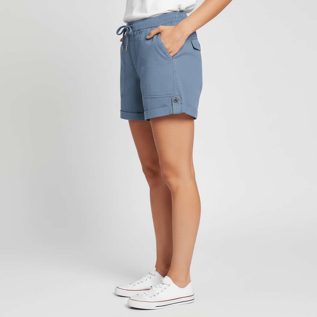 Leona Drawstring Waist Shorts Rolled Hem Patch Pockets