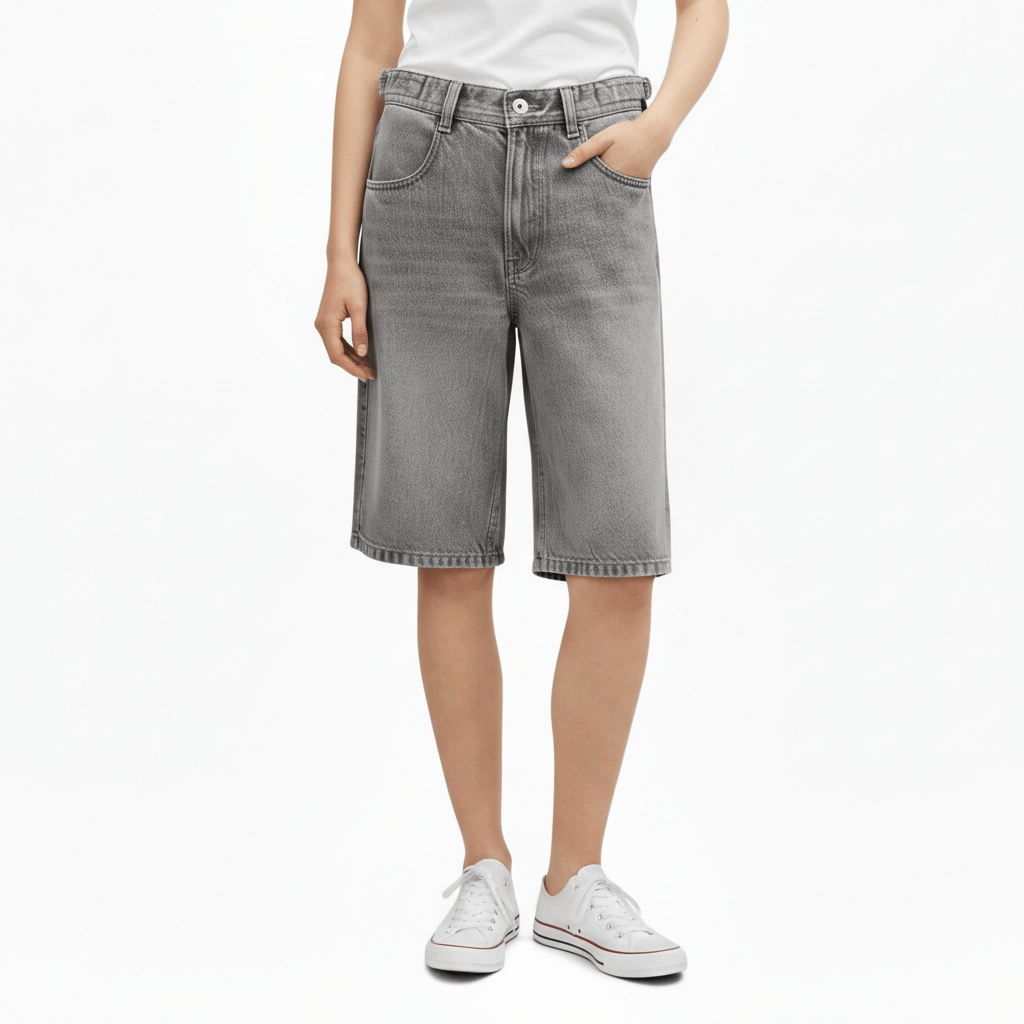 Leora Mid Rise Denim Shorts Relaxed Knee Length