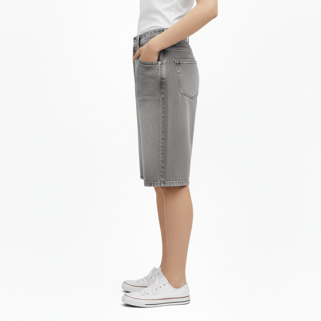 Leora Mid Rise Denim Shorts Relaxed Knee Length