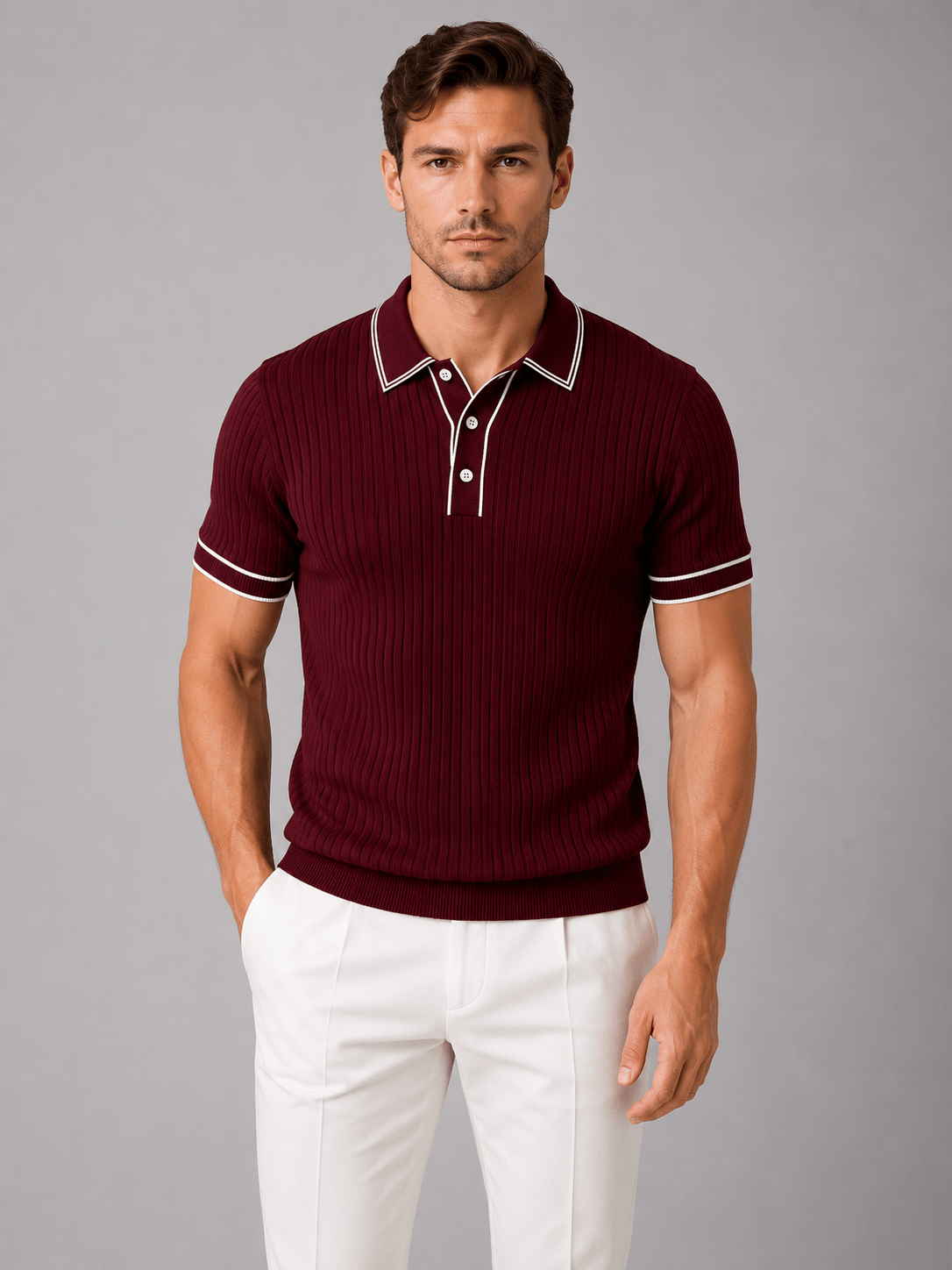 Men's Ribbed Knitted Polo Shirt - Short Sleeve Contrast Tipped