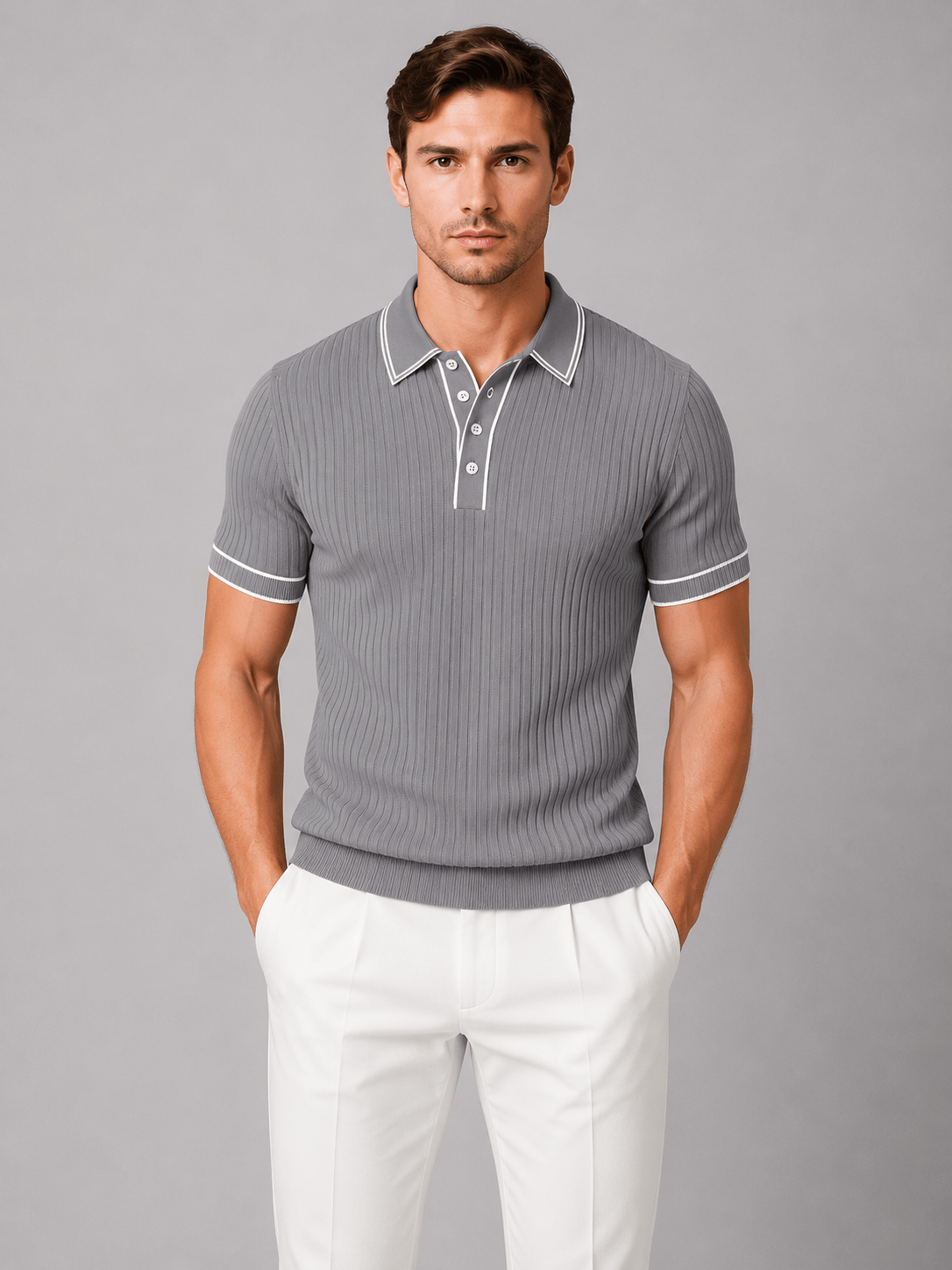 Men's Ribbed Knitted Polo Shirt - Short Sleeve Contrast Tipped