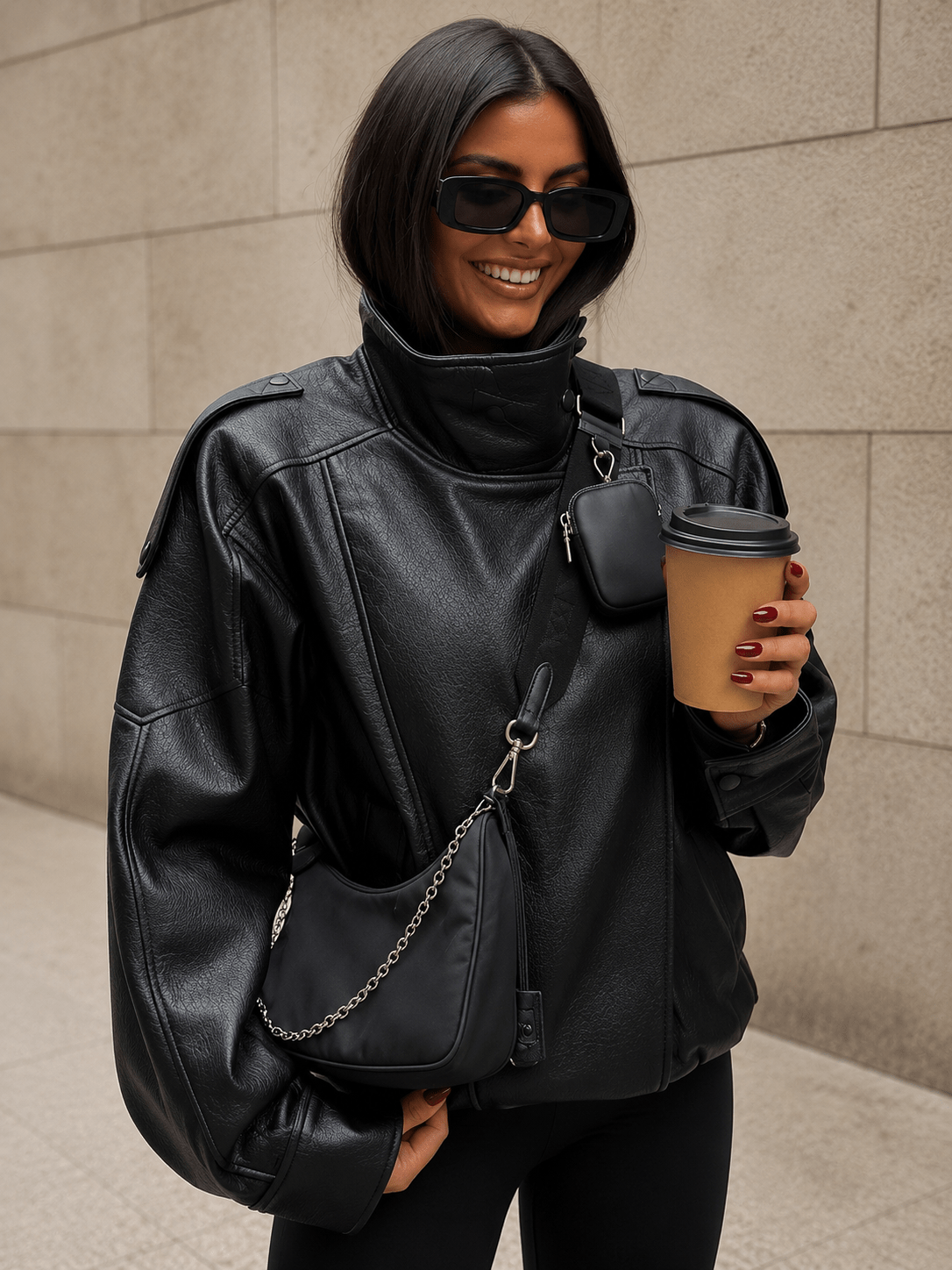 Jaqueta Feminina Oversized Couro Eco Gola Alta Estilo Europeia Vintage Premium Modern Verona