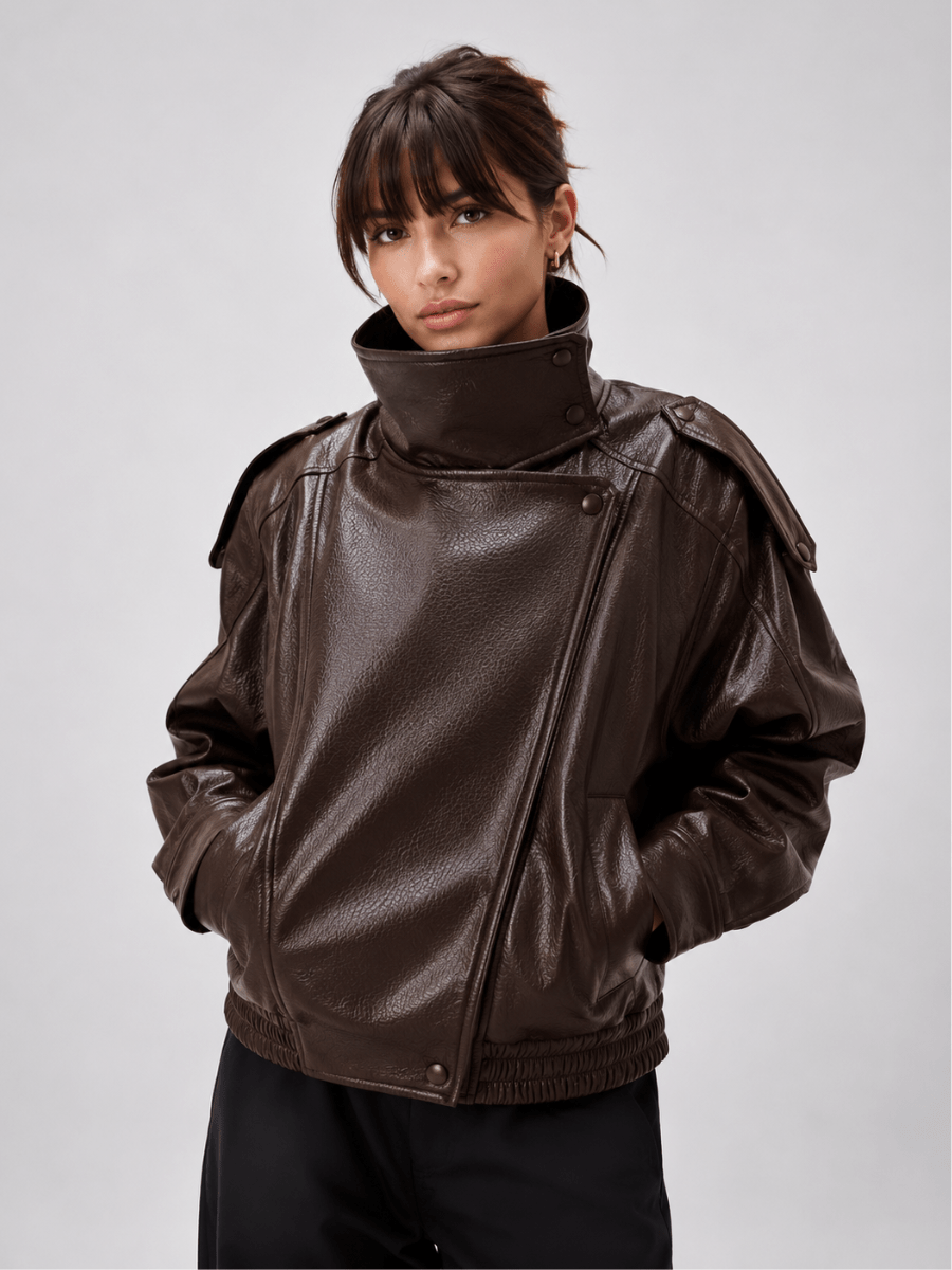 Jaqueta Feminina Oversized Couro Eco Gola Alta Estilo Europeia Vintage Premium Modern Verona
