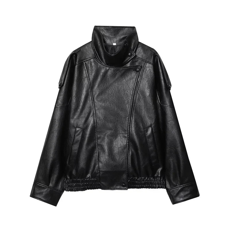 Jaqueta Feminina Oversized Couro Eco Gola Alta Estilo Europeia Vintage Premium Modern Verona