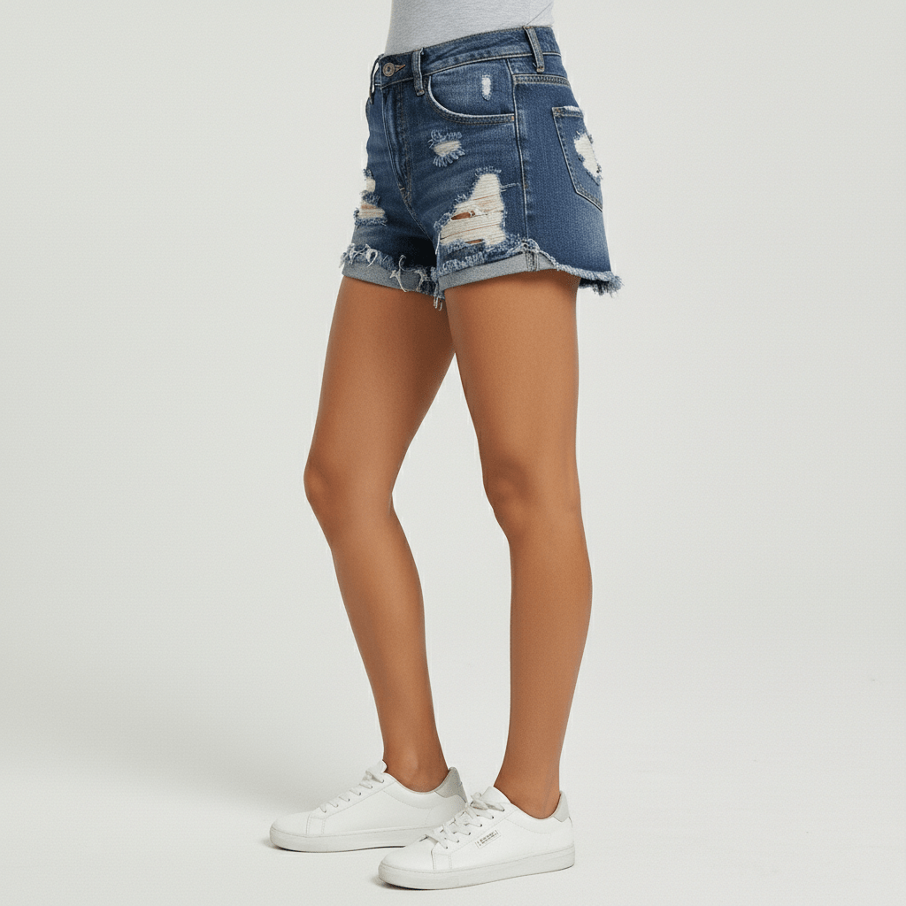 Liz High Waist Distressed Denim Shorts Frayed Hem