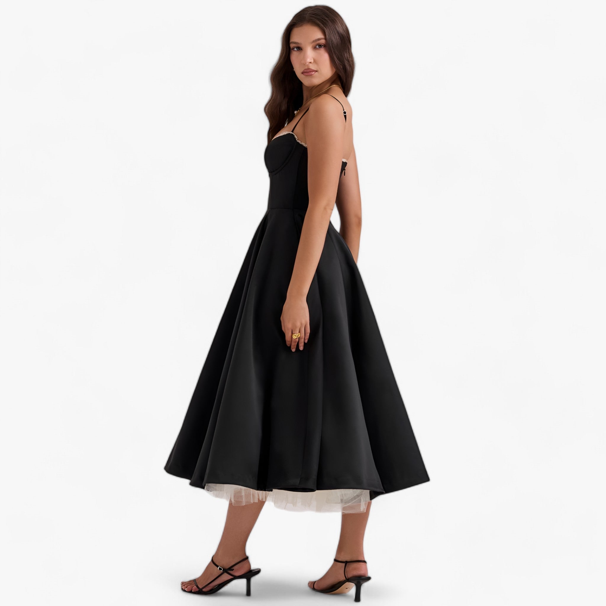 Women's Sweetheart Neckline Corset Midi Dress with Full Skirt