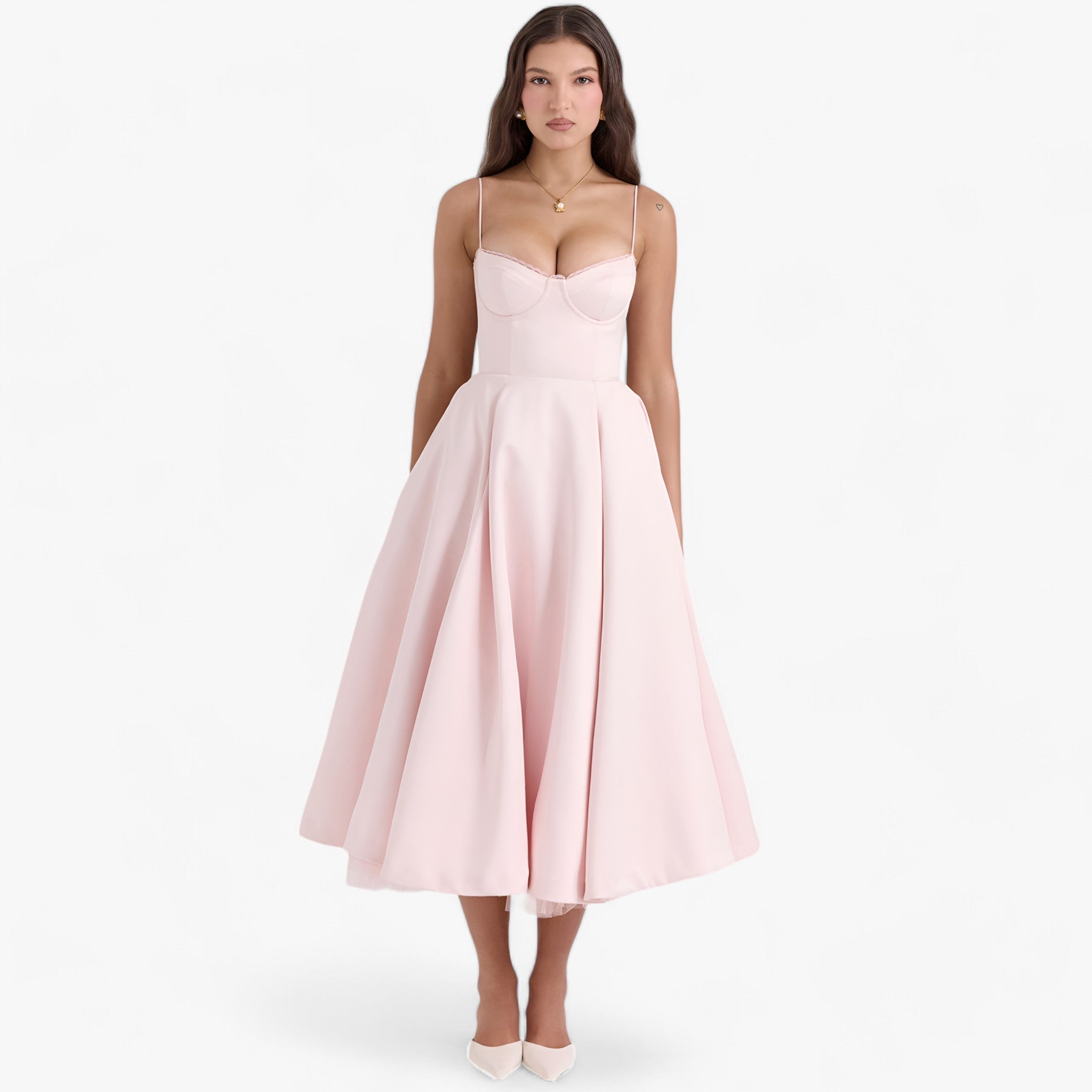 Women's Sweetheart Neckline Corset Midi Dress with Full Skirt
