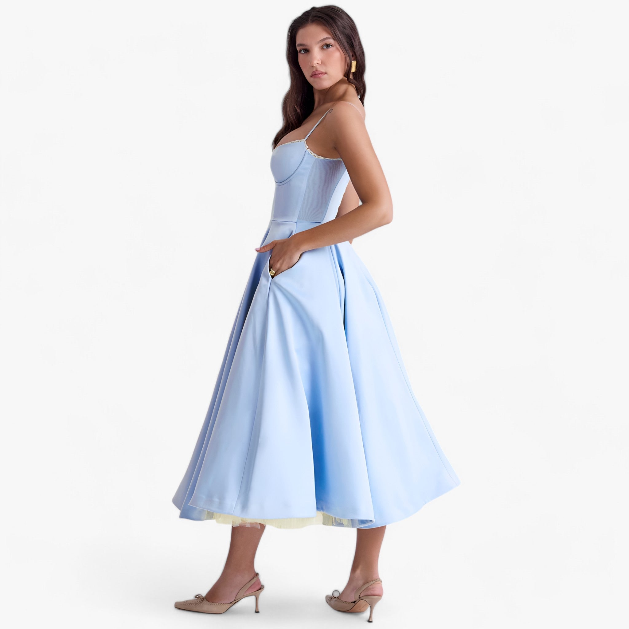 Women's Sweetheart Neckline Corset Midi Dress with Full Skirt
