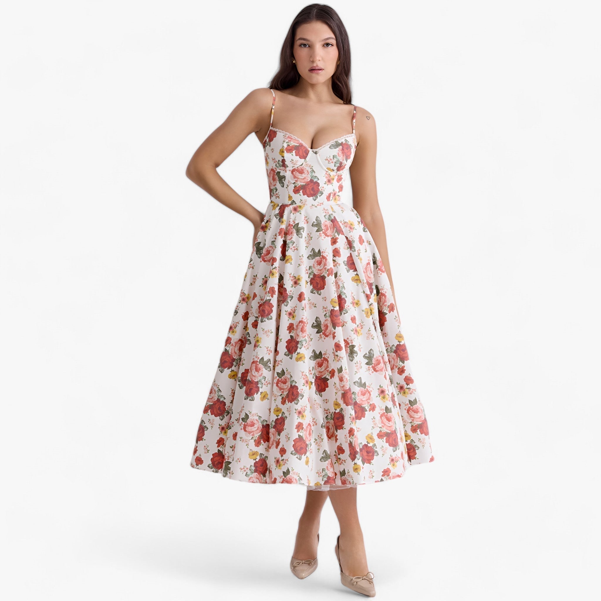 Women's Sweetheart Neckline Corset Midi Dress with Full Skirt