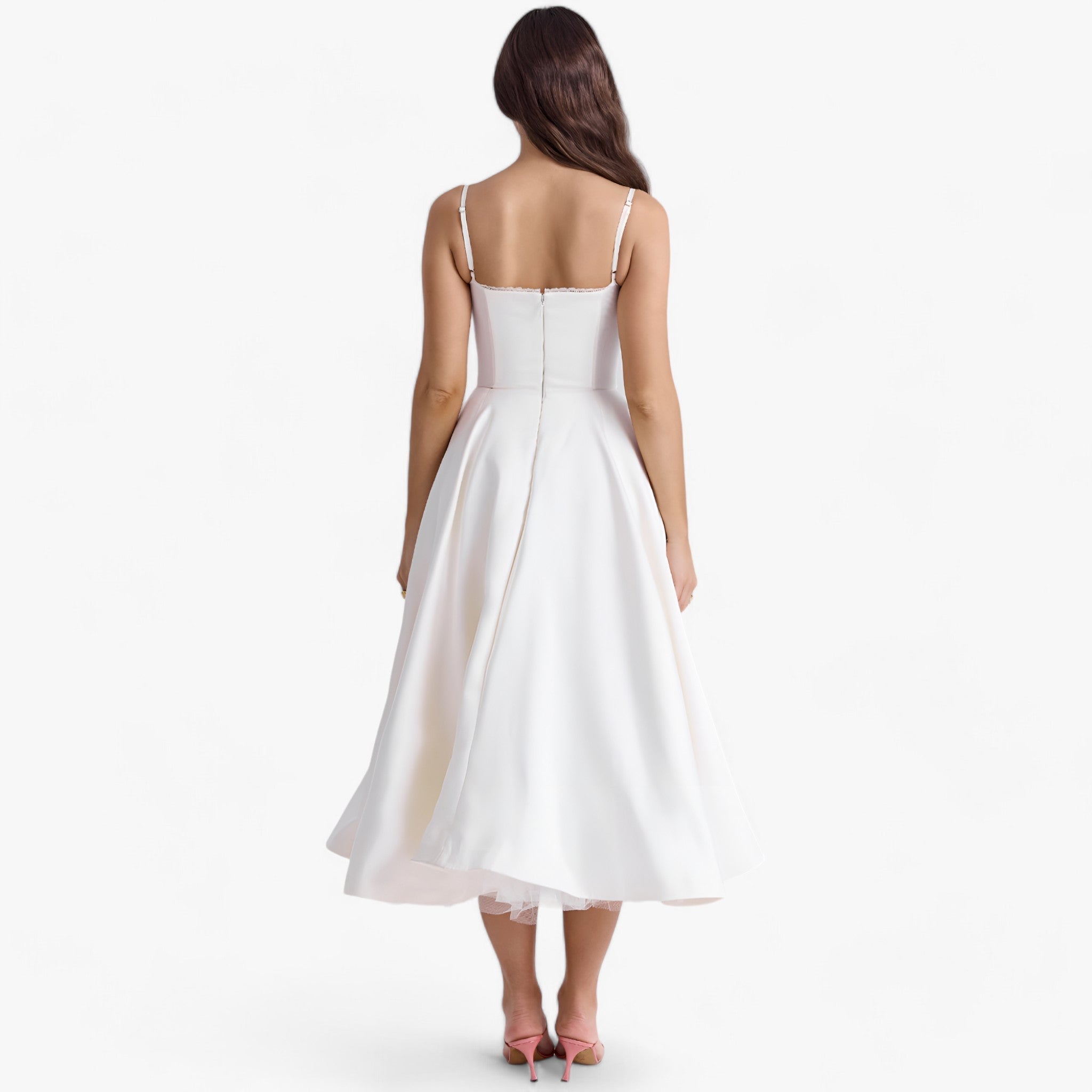 Women's Sweetheart Neckline Corset Midi Dress with Full Skirt