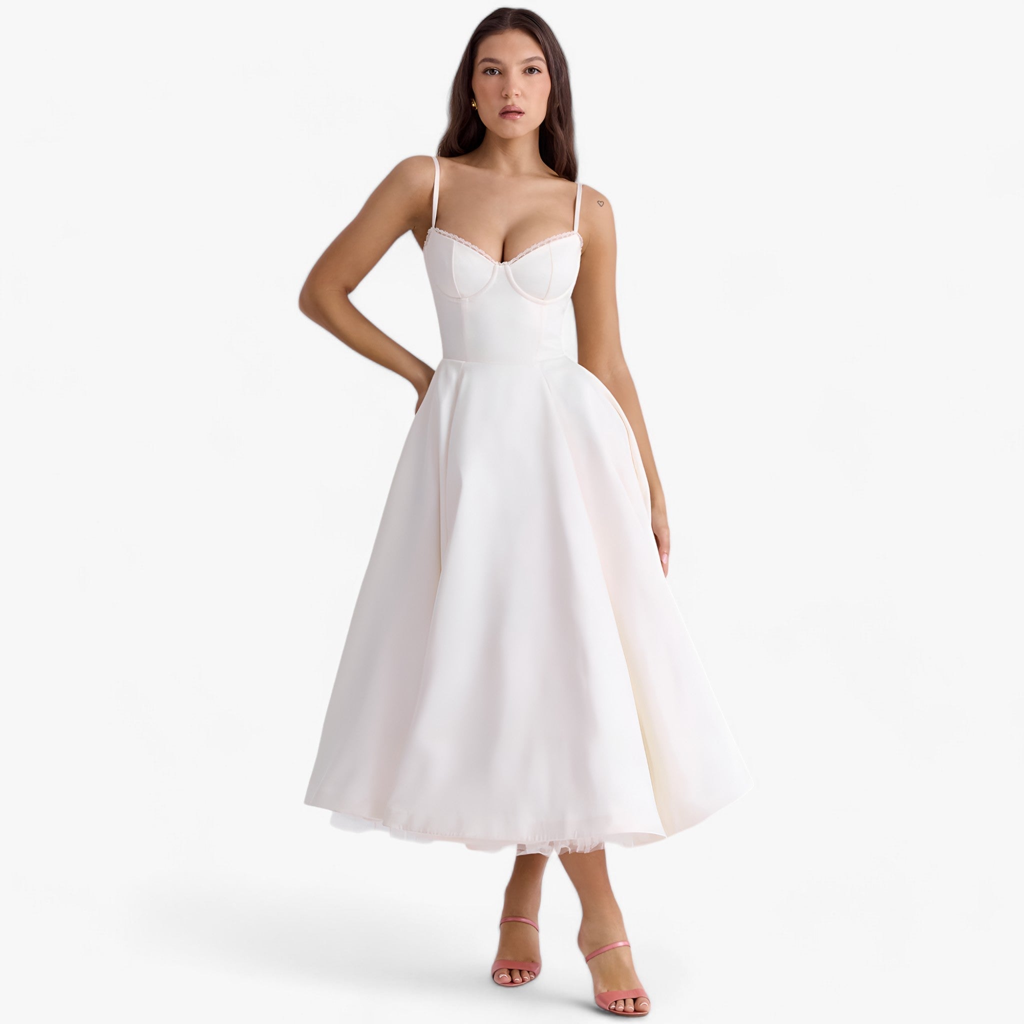 Women's Sweetheart Neckline Corset Midi Dress with Full Skirt
