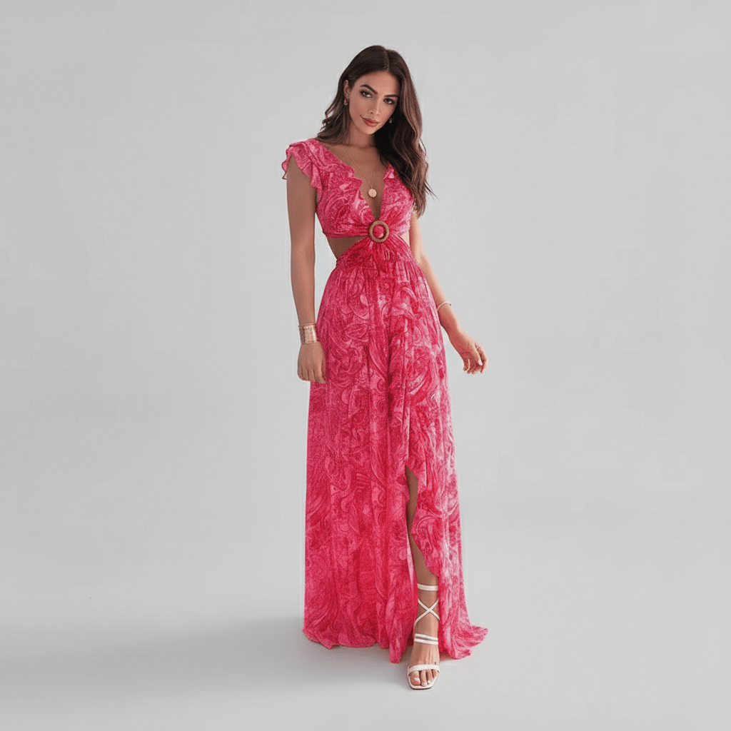 Marcia Floral Cut Out Wedding Guest Dress with Ruffle Sleeves Maxi Length
