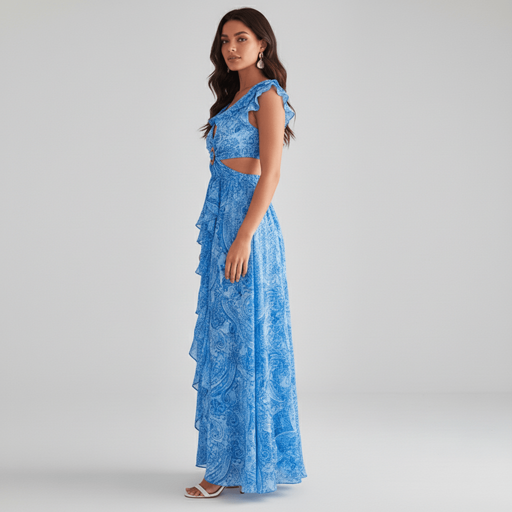 Marcia Floral Cut Out Wedding Guest Dress with Ruffle Sleeves Maxi Length