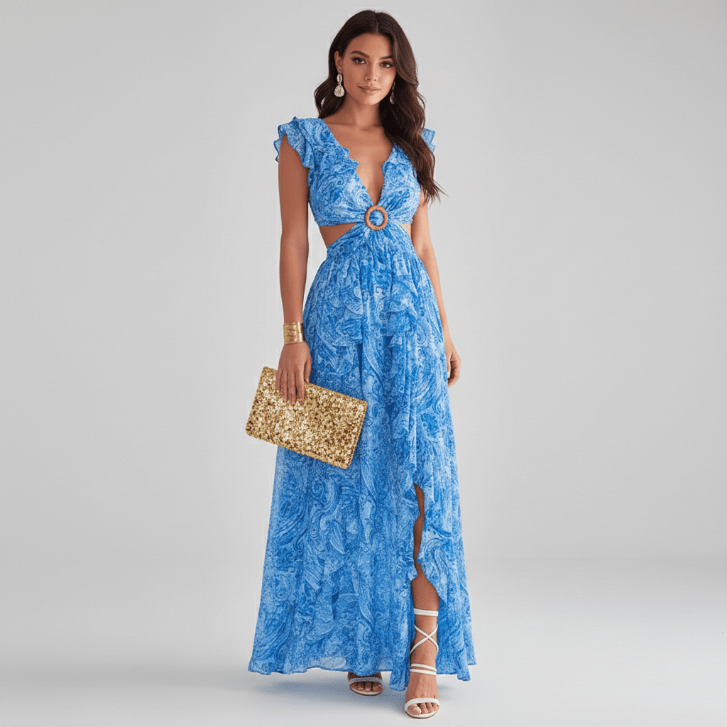 Marcia Floral Cut Out Wedding Guest Dress with Ruffle Sleeves Maxi Length