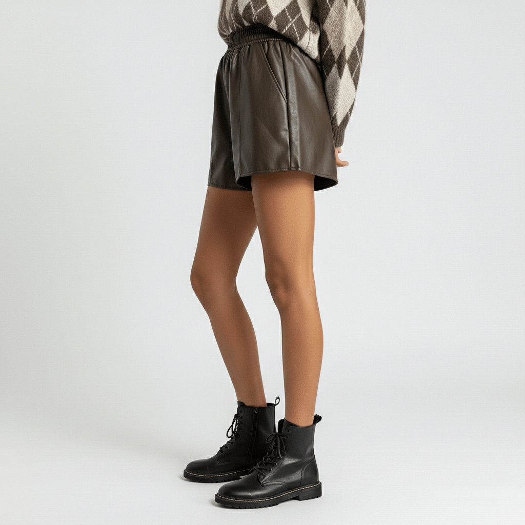Marianne High Waist Faux Leather Shorts Elastic Waist Wide Leg