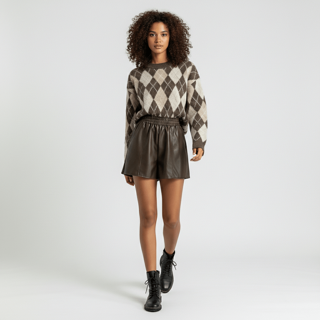 Marianne High Waist Faux Leather Shorts Elastic Waist Wide Leg