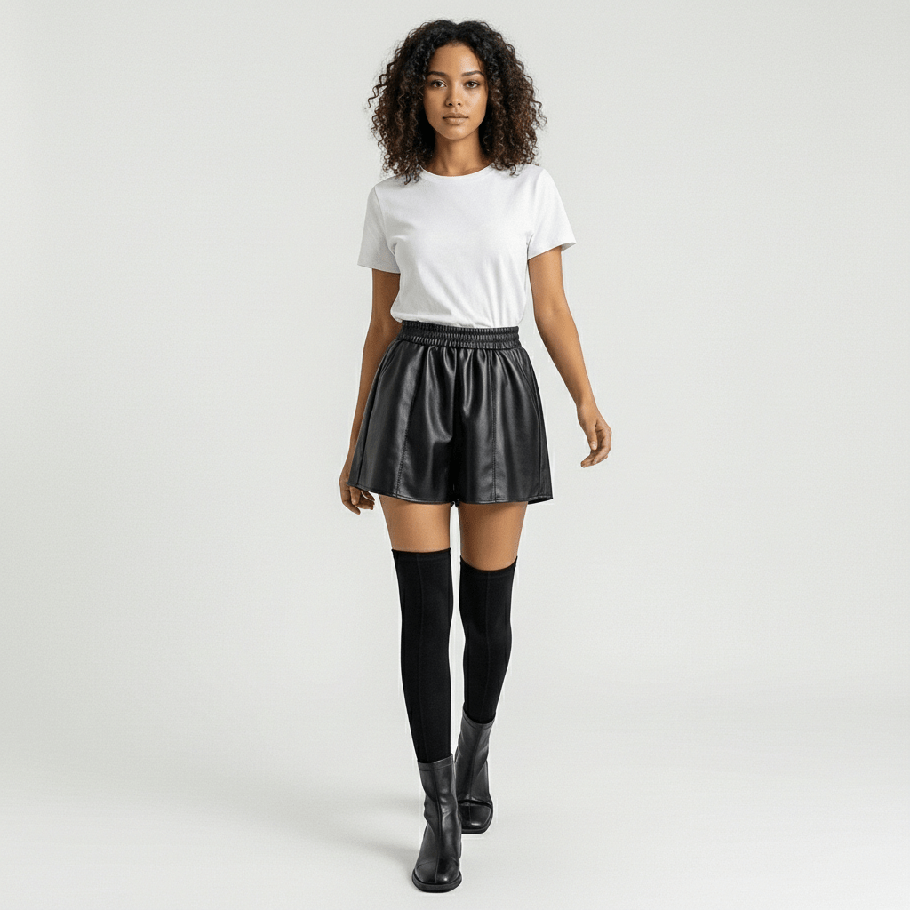 Marianne High Waist Faux Leather Shorts Elastic Waist Wide Leg