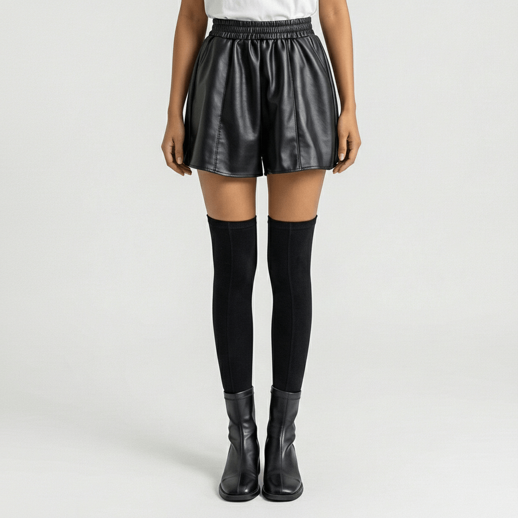 Marianne High Waist Faux Leather Shorts Elastic Waist Wide Leg