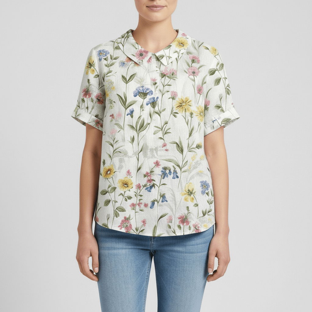 Mona Floral Print Short Sleeve Blouse with Peter Pan Collar