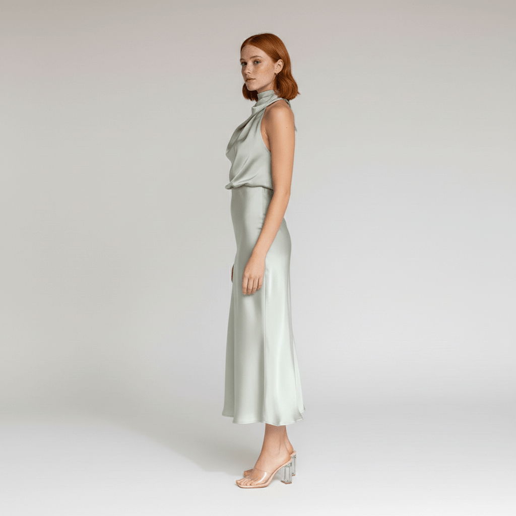 Natasha Halter Neck Satin Midi Dress for Women with Draped Neckline