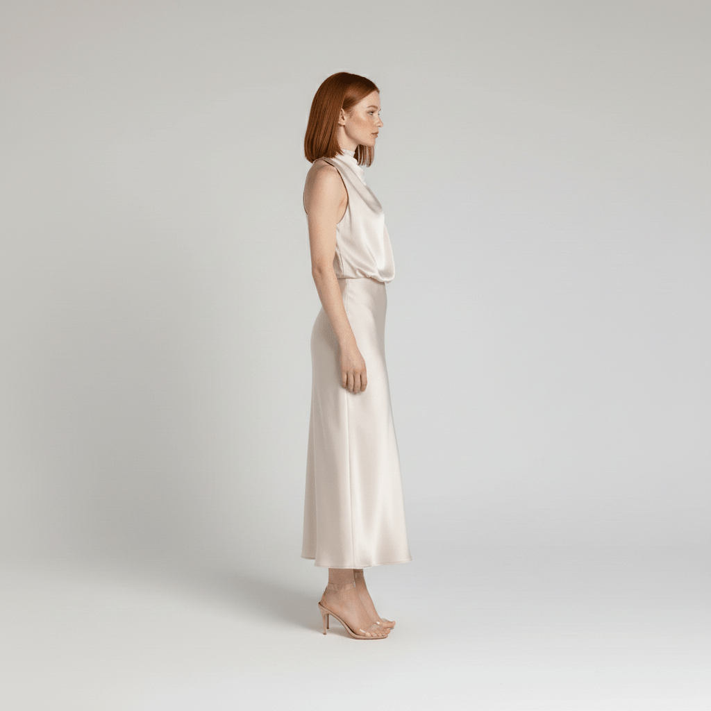 Natasha Halter Neck Satin Midi Dress for Women with Draped Neckline