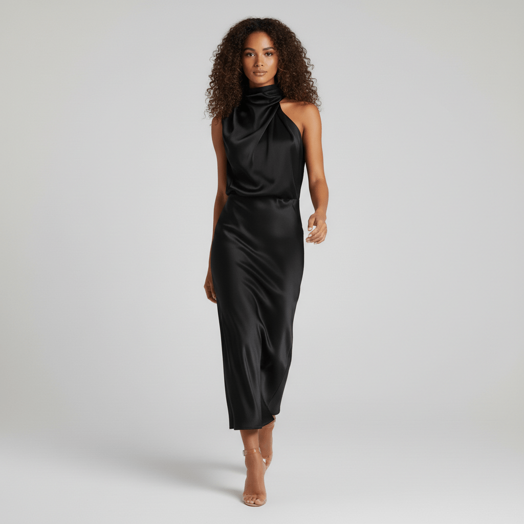 Natasha Halter Neck Satin Midi Dress for Women with Draped Neckline